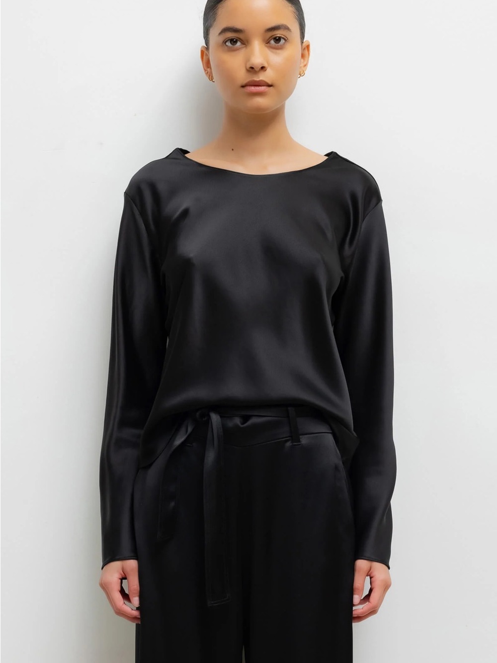 LESET Barb Black Satin Long Sleeve Top. Size M